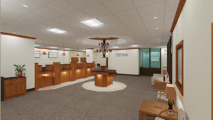 rendering of a bank interior designed by Glenco, Inc.